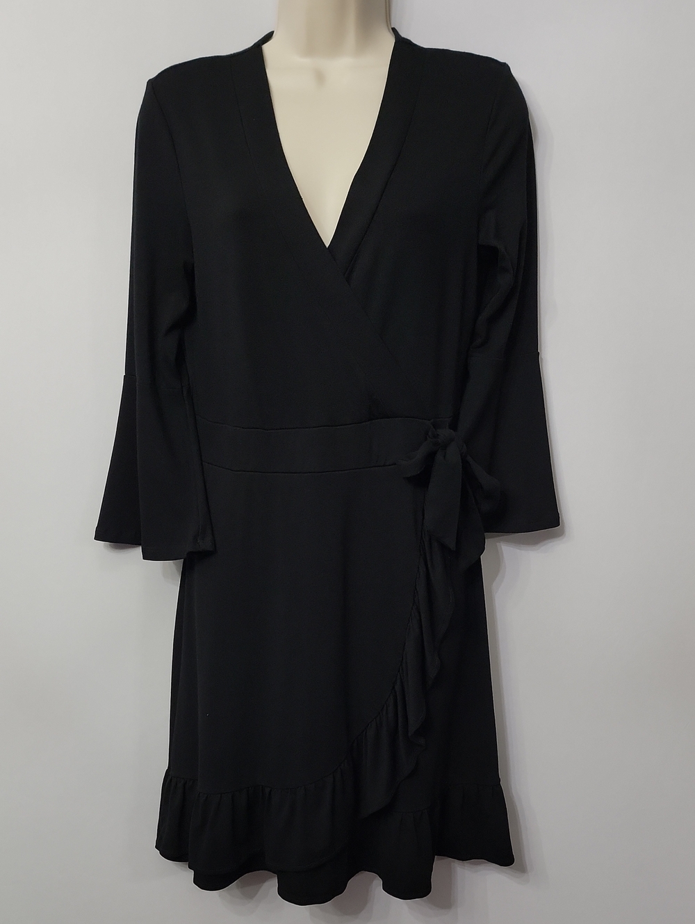 Cupio Black Faux Wrap Bell Sleeve Ruffle Dress Size S